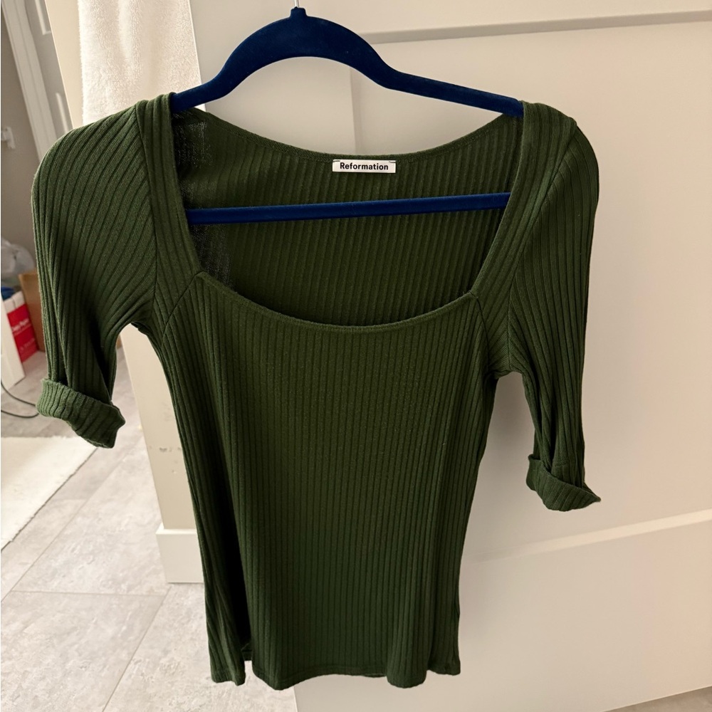 Reformation Women's Green Ribbed Top - Square Neck